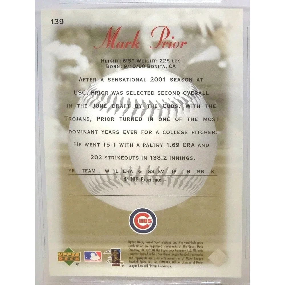 2001 Upper Deck Sweet Spot - Sweet Beginnings Mark Prior # /1500 (RC) BGS 9 MINT